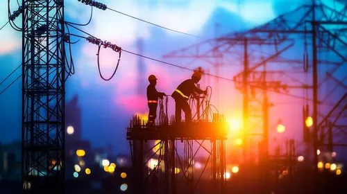 Dois eletricistas em cestos aéreos trabalhando num poste de distribuição ao pôr do sol